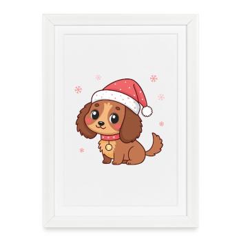 Chiot Noël au Chapeau Rouge - Affiche encadrée (27 × 37 cm) - blanc - Devant