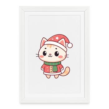 Kawaii Christmas Kitten in Red Hat - Framed poster (27 × 37 cm) - white - Front