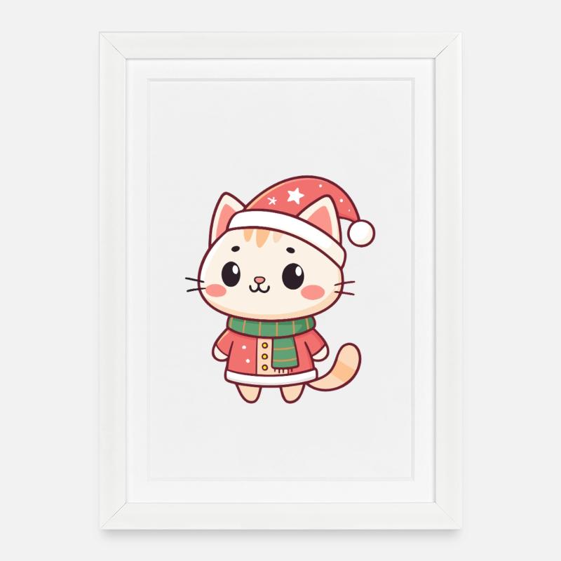 Kawaii Weihnachtskätzchen mit rotem Hut - Gerahmtes Poster (27 × 37 cm) - Weiß