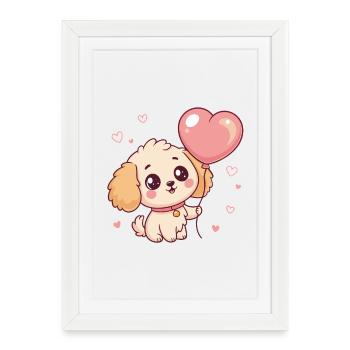 Chiot Caniche mignon au ballon cœur - Affiche encadrée (27 × 37 cm) - blanc - Devant