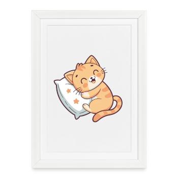 Chaton Doux sur Oreiller Étoilé - Affiche encadrée (27 × 37 cm) - blanc - Devant