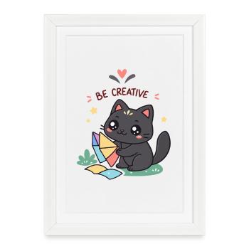 Chat Créatif et Origamis colorés - Affiche encadrée (27 × 37 cm) - blanc - Devant