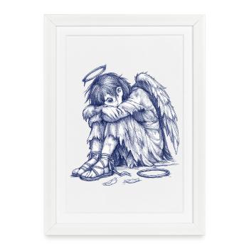Ange triste | Dessin peint à la main - Affiche encadrée (27 × 37 cm) - blanc - Devant