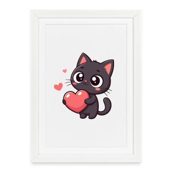 Chat kawaii tenant un cœur - Affiche encadrée (27 × 37 cm) - blanc - Devant