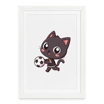 Chat noir sportif avec ballon - Affiche encadrée (27 × 37 cm) - blanc - Devant