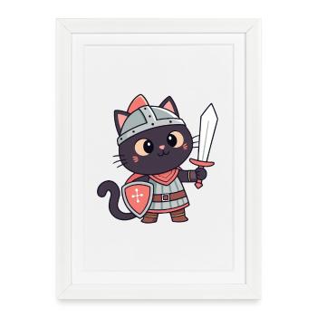 Katzenritter: Niedliches Schwert und Schild - Gerahmtes Poster (27 × 37 cm) - Weiß - Vorne