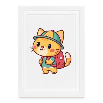 Chat explorateur au sac dos - Affiche encadrée (27 × 37 cm) - blanc - Devant
