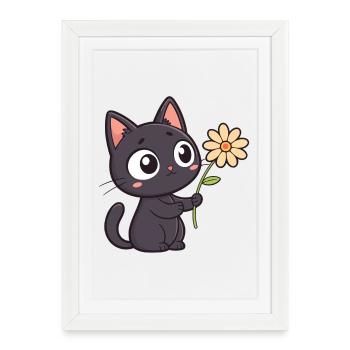 Chat Noir Kawaii et Marguerite - Affiche encadrée (27 × 37 cm) - blanc - Devant