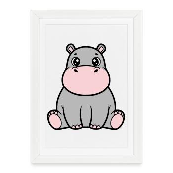 Bébé hippopotame mignon assis à Kawaii - Affiche encadrée (27 × 37 cm) - blanc - Devant