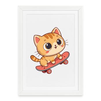 Chaton skate sur planche tendance - Affiche encadrée (27 × 37 cm) - blanc - Devant