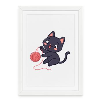 Chaton noir et pelote de laine - Affiche encadrée (27 × 37 cm) - blanc - Devant
