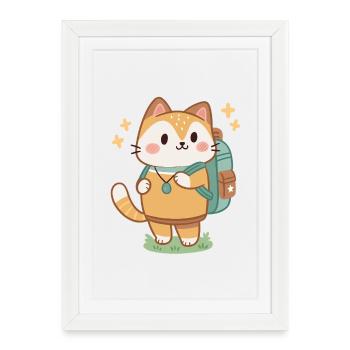 Chat aventurier mignon au sac à dos - Affiche encadrée (27 × 37 cm) - blanc - Devant