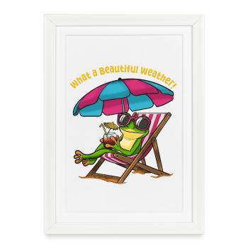 Grenouille dans une chaise longue de plage - Affiche encadrée (27 × 37 cm) - blanc - Devant