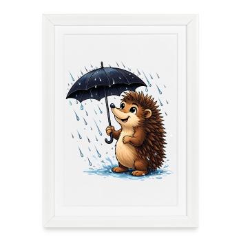 Cheerful hedgehog with umbrella in the rain - Framed poster (27 × 37 cm) - white - Front