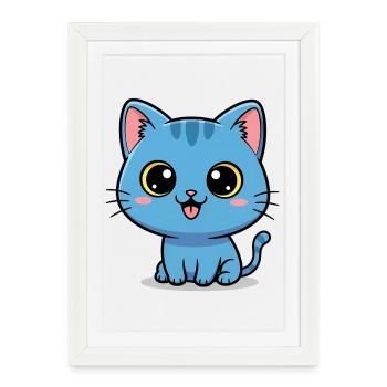 Chat bleu mignon - Dessin animé de chaton Kawaii - Affiche encadrée (27 × 37 cm) - blanc - Devant
