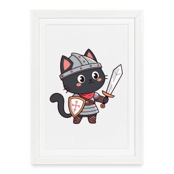 Chat Chevalier - Affiche encadrée (27 × 37 cm) - blanc - Devant
