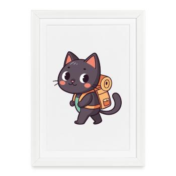 Explorer Cat with Orange Backpack - Framed poster (27 × 37 cm) - white - Front