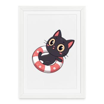 Chat noir sur bouée fleurs - Affiche encadrée (27 × 37 cm) - blanc - Devant