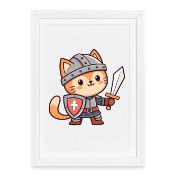 Chat Chevalier Armuré Adorable - Affiche encadrée (27 × 37 cm) - blanc - Devant
