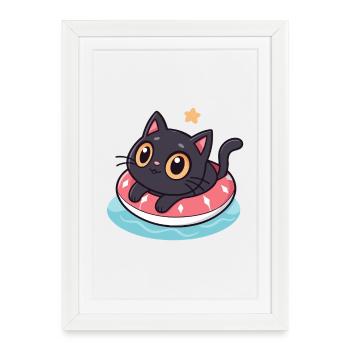 Kawaii cat on pink buoy - Framed poster (27 × 37 cm) - white - Front