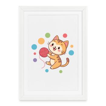 Chaton joueur pelote laine - Affiche encadrée (27 × 37 cm) - blanc - Devant