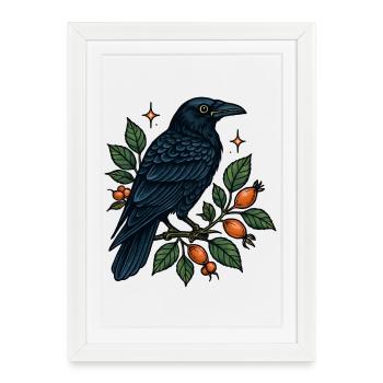 Midnight blue crow on the berry branch - Framed poster (27 × 37 cm) - white - Front