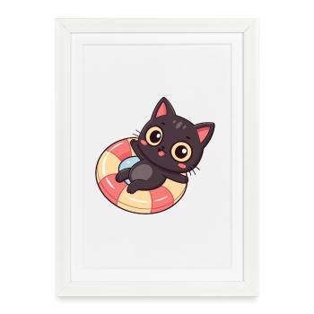 Chat Bouée Kawaii Marin - Affiche encadrée (27 × 37 cm) - blanc - Devant