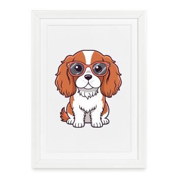 Chien Cavalier Lunettes Cartoon - Affiche encadrée (27 × 37 cm) - blanc - Devant