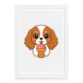Chiot kawaii et glace en cornet - Framed poster (27 × 37 cm) - white - Front