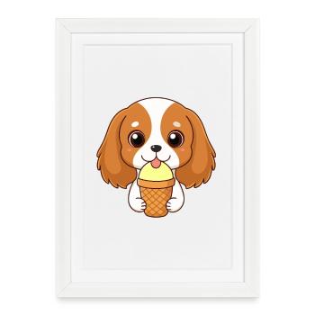 Chiot Cavalier gourmand Glace - Affiche encadrée (27 × 37 cm) - blanc - Devant