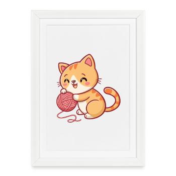 Chaton joyeux joueur avec pelote - Affiche encadrée (27 × 37 cm) - blanc - Devant