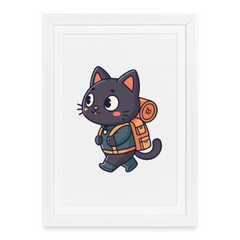 Chat randonneur aventurier pelucheux - Affiche encadrée (27 × 37 cm) - blanc - Devant