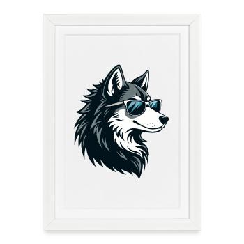 Loup Husky Lunettes Soleil - Affiche encadrée (27 × 37 cm) - blanc - Devant