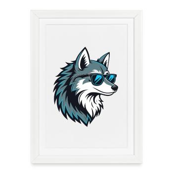 Loup stylé en lunettes bleues - Affiche encadrée (27 × 37 cm) - blanc - Devant