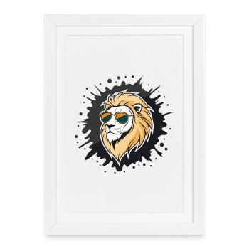 Lion en lunettes soleil graphique - Affiche encadrée (27 × 37 cm) - blanc - Devant
