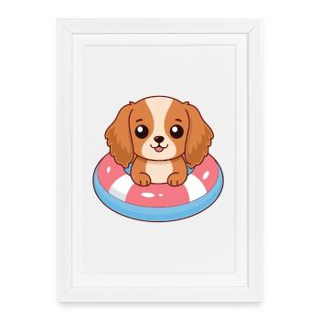 Chiot kawaii sur bouée pastel - Affiche encadrée (27 × 37 cm) - blanc - Devant