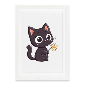 Chat noir et marguerite - Affiche encadrée (27 × 37 cm) - blanc - Devant