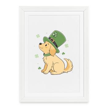 Chien Laabrador chapeau vert trèfle porte-bonheur - Affiche encadrée (27 × 37 cm) - blanc - Devant