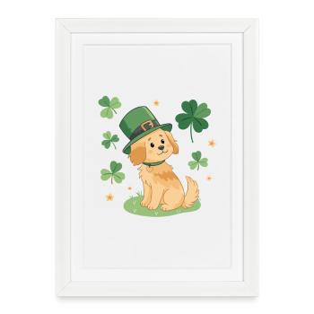 Chien adorable Leprechaun Vert et Trèfles - Affiche encadrée (27 × 37 cm) - blanc - Devant