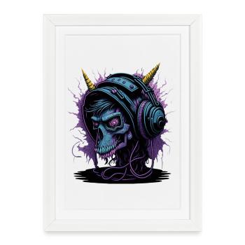Crâne néon avec casque DJ - Affiche encadrée (27 × 37 cm) - blanc - Devant