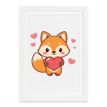 Renard Kawaii Cœurs - Affiche encadrée (27 × 37 cm) - blanc - Devant