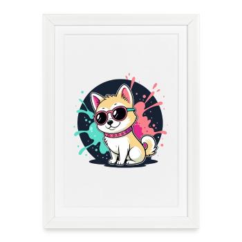 Chiot Kawaii Soleil et Lunettes - Affiche encadrée (27 × 37 cm) - blanc - Devant