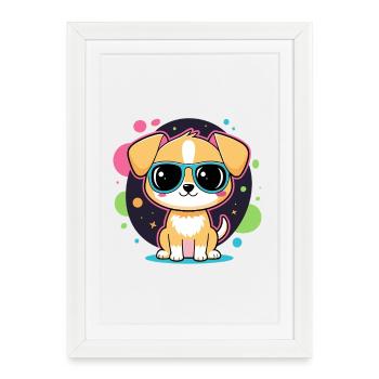 Chiot néon avec lunettes - Affiche encadrée (27 × 37 cm) - blanc - Devant