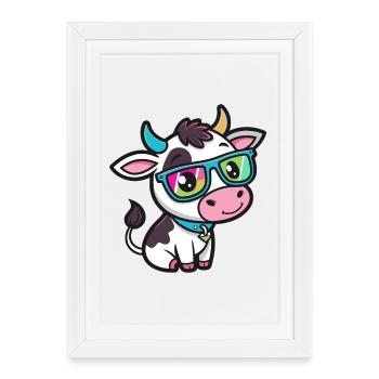 Vache chic lunettes arcenciel - Affiche encadrée (27 × 37 cm) - blanc - Devant