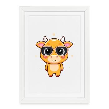 Vache chic avec lunettes noires - Affiche encadrée (27 × 37 cm) - blanc - Devant