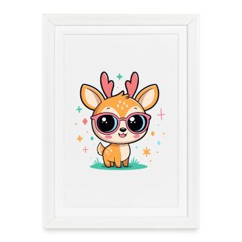 Cerf kawaii aux lunettes roses - Affiche encadrée (27 × 37 cm) - blanc - Devant