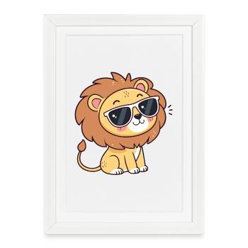 Lion kawaii lunettes de soleil - Affiche encadrée (27 × 37 cm) - blanc - Devant
