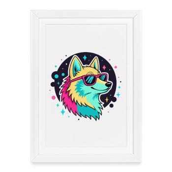 Loup Néon aux Lunettes Cool - Affiche encadrée (27 × 37 cm) - blanc - Devant