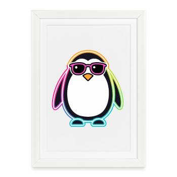 Pingouin Néon Lunettes - Affiche encadrée (27 × 37 cm) - blanc - Devant
