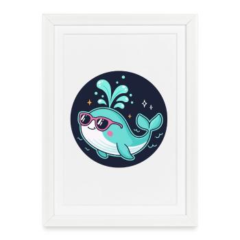 Bleu Baleine Lunettes Rose - Affiche encadrée (27 × 37 cm) - blanc - Devant